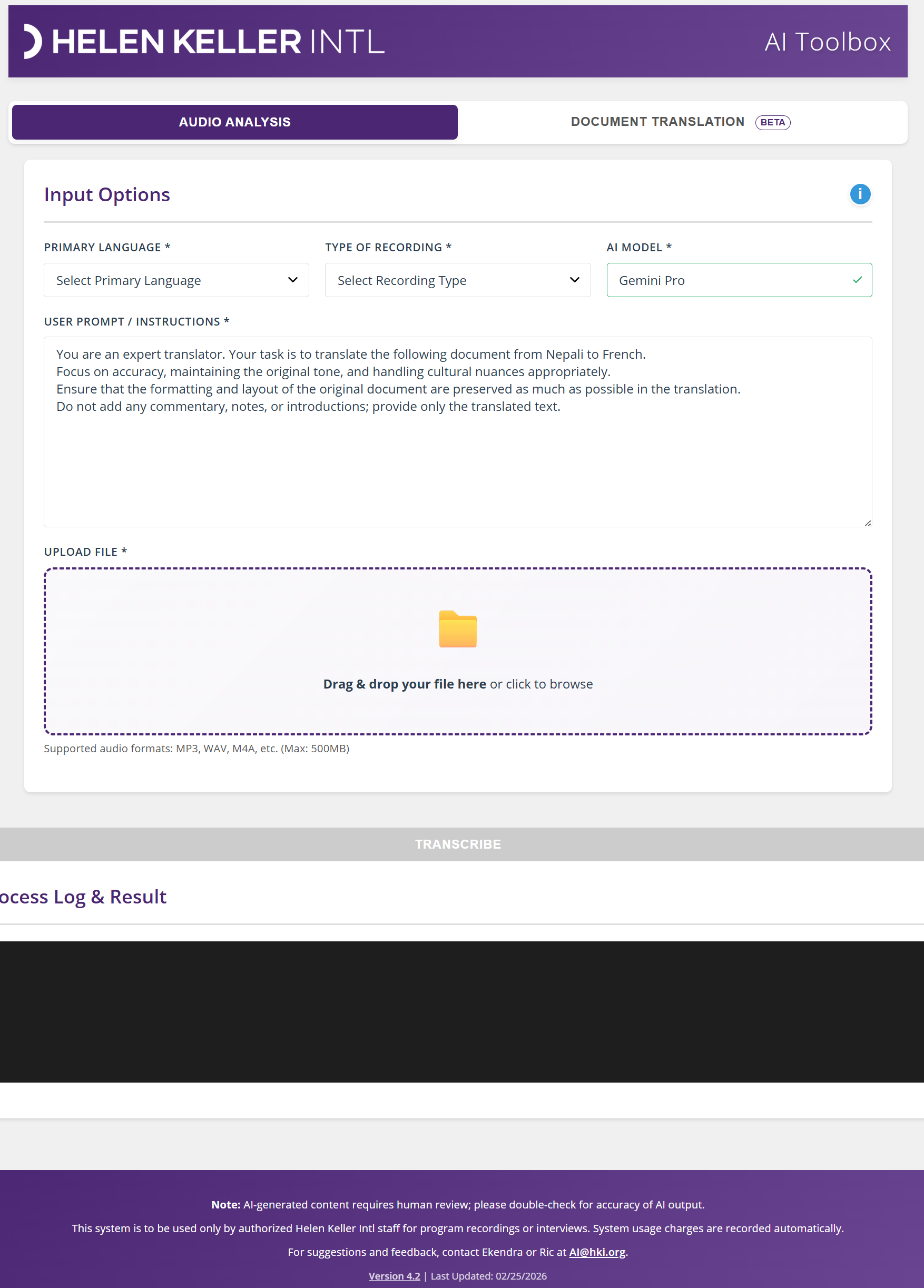Full AI Toolbox interface in Audio Analysis mode showing header, mode switcher, Input Options card, and Process Log