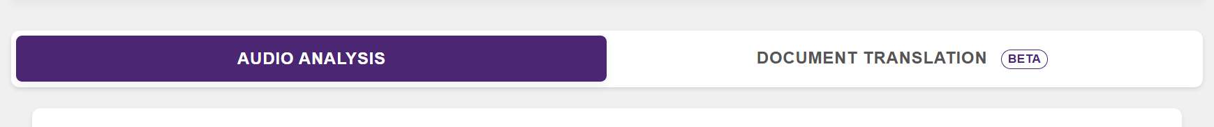 Mode switcher bar with Audio Analysis active and Document Translation Beta inactive