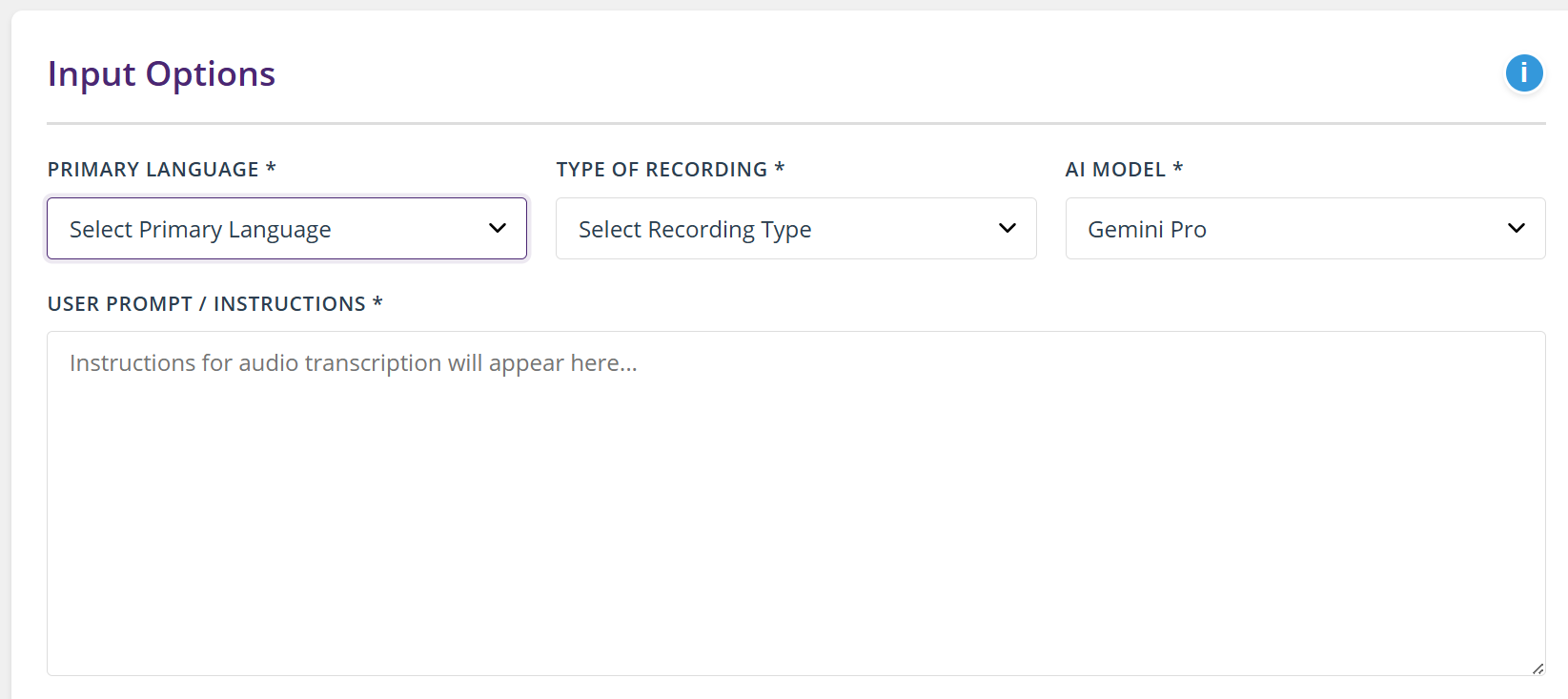 Input Options card with Primary Language, Type of Recording, and AI Model dropdowns filled in