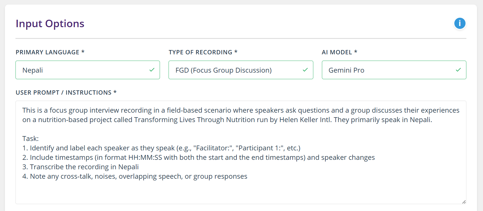 User Prompt text area auto-populated with a Nepali FGD transcription prompt