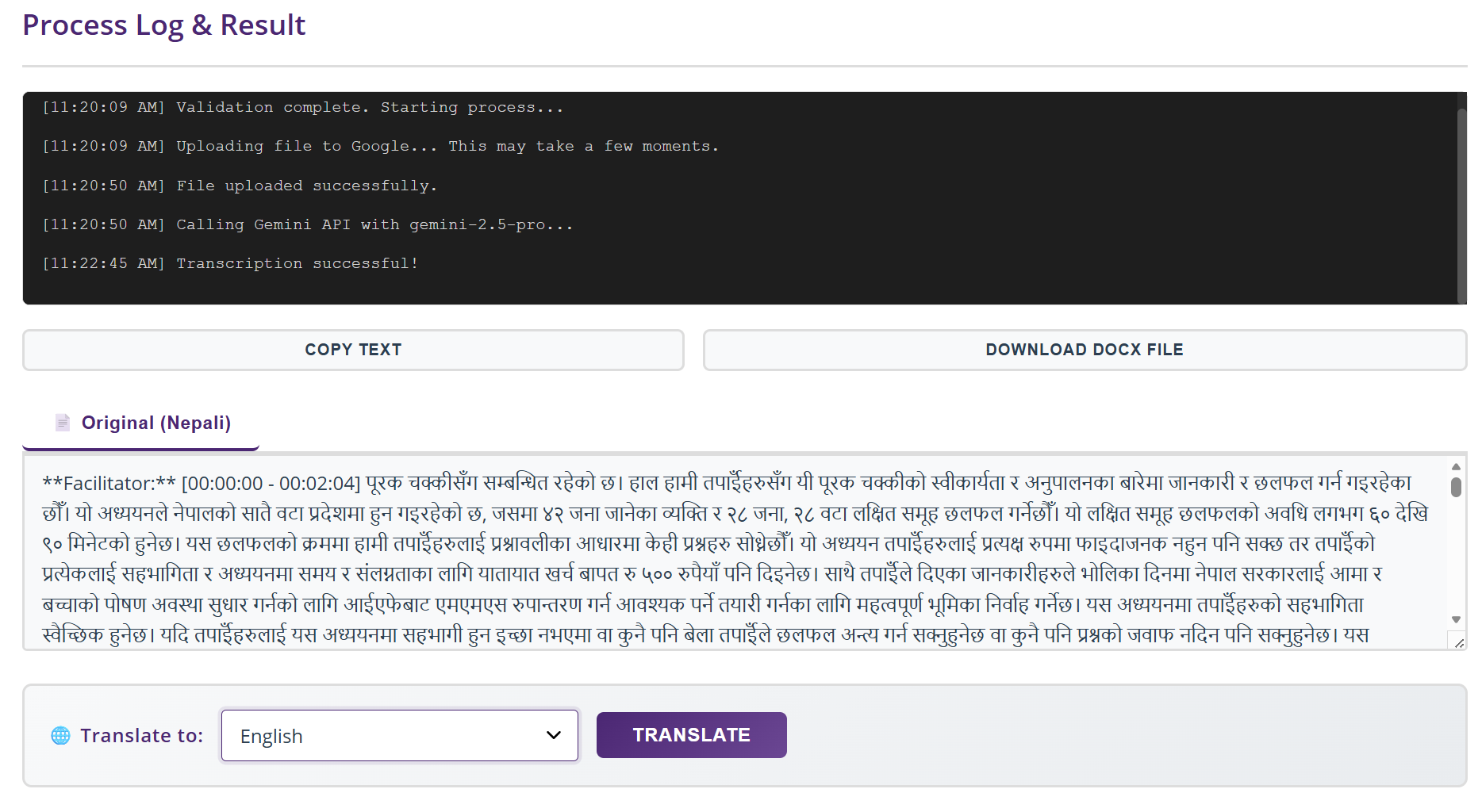 Results area showing Nepali transcription with Original tab, Copy and Download buttons, and Translate controls