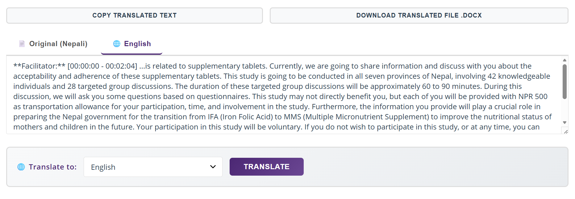 Results area with Original Nepali and English translation tabs, English tab active showing translated text