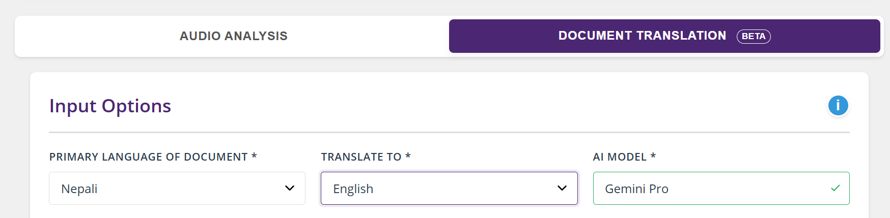 Document Translation mode active with language dropdowns set to Nepali to English and Gemini Pro model