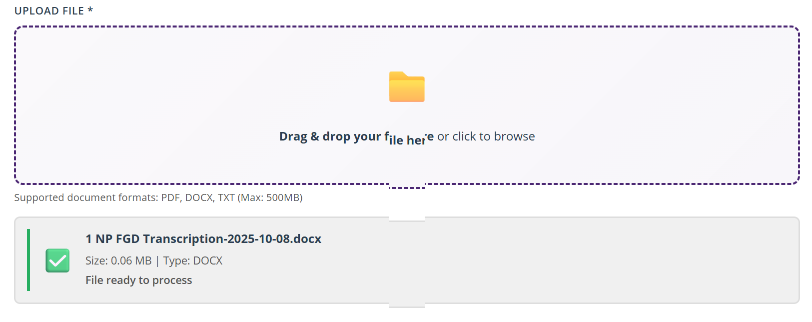 Document upload zone with DOCX file preview showing filename, size, and ready status