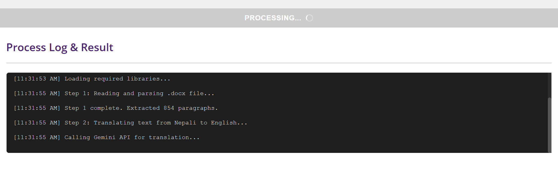 Process Log showing document parsing steps, paragraph extraction, and translation API call